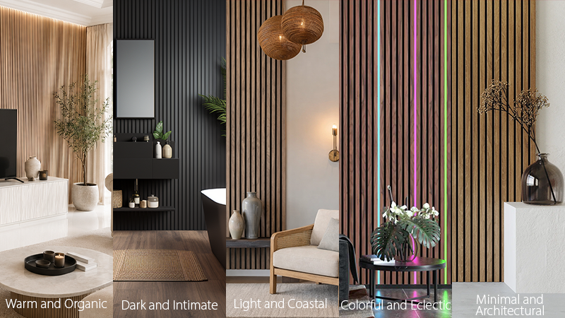 The same walnut slat wood wall panel styled five ways: warm and organic, dark and intimate, light and coastal, colorful and eclectic, minimal and architectural