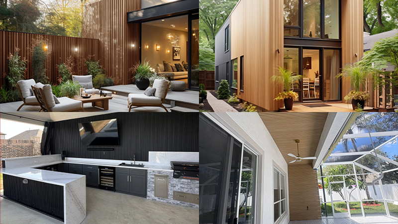 Exterior slat wood siding panels seen through glass doors and windows: a covered patio, a modern home entry, an outdoor kitchen, and a screened pool lanai
